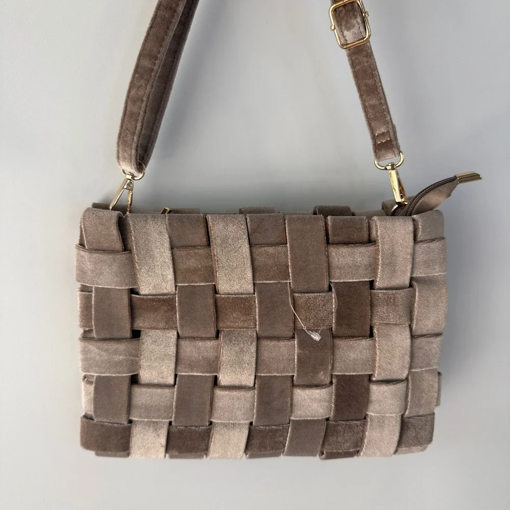 Anthropologie Lindy Woven Clutch Women Taupe Bronze Velvet Crossbody Bag Party